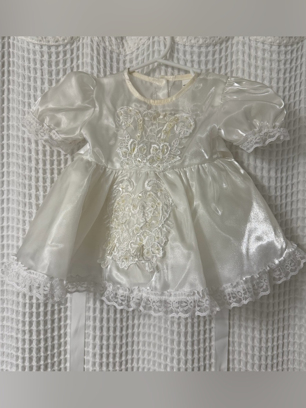 Vintage Ivory Baby Girl Dress with Lace Appliqué